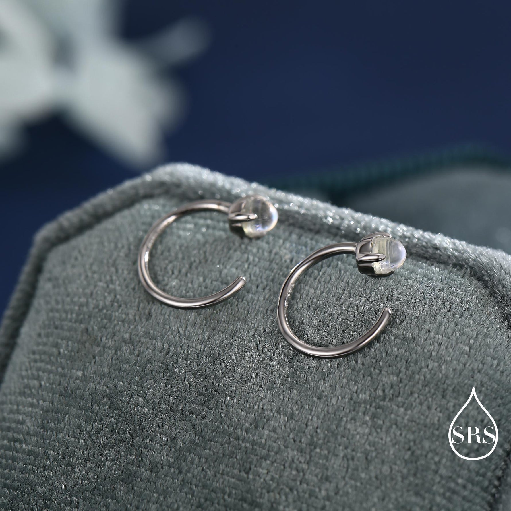 Moonstone Huggie Hoop Earrings in Sterling Silver, Tiny Moonstone Open Hoops, Pull Through Threaders, Half Hoops, C Shape Hoops