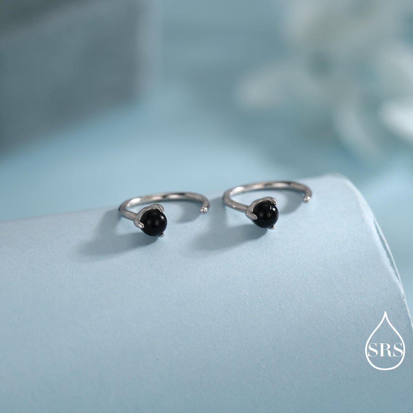 Genuine Black Onyx Huggie Hoop Earrings in Sterling Silver, 3mm Natural Black Onyx Open Hoops, Pull Through Threaders, Half Hoops, C Shape