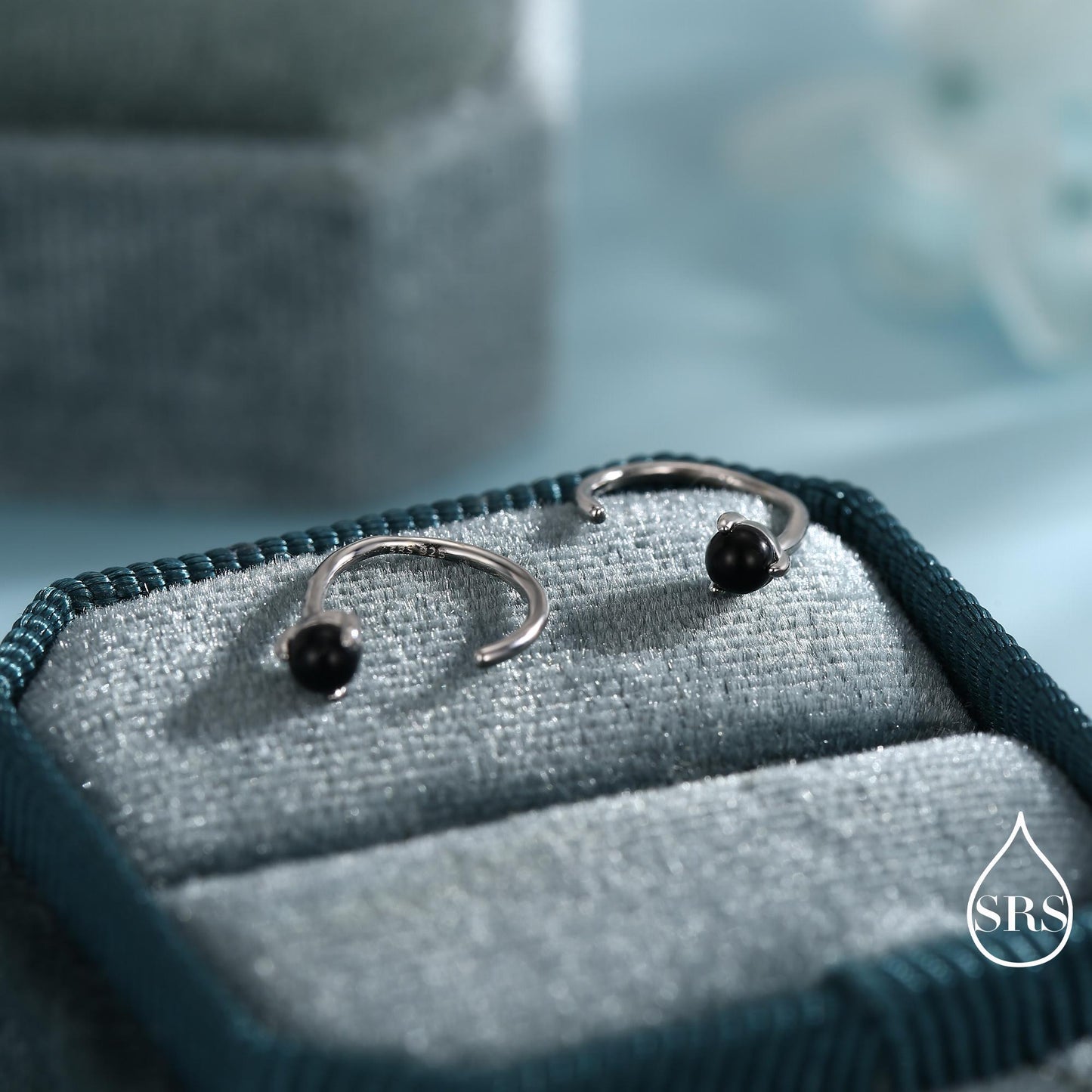 Genuine Black Onyx Huggie Hoop Earrings in Sterling Silver, 3mm Natural Black Onyx Open Hoops, Pull Through Threaders, Half Hoops, C Shape