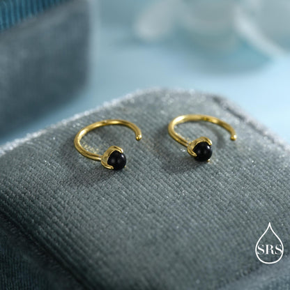 Genuine Black Onyx Huggie Hoop Earrings in Sterling Silver, 3mm Natural Black Onyx Open Hoops, Pull Through Threaders, Half Hoops, C Shape