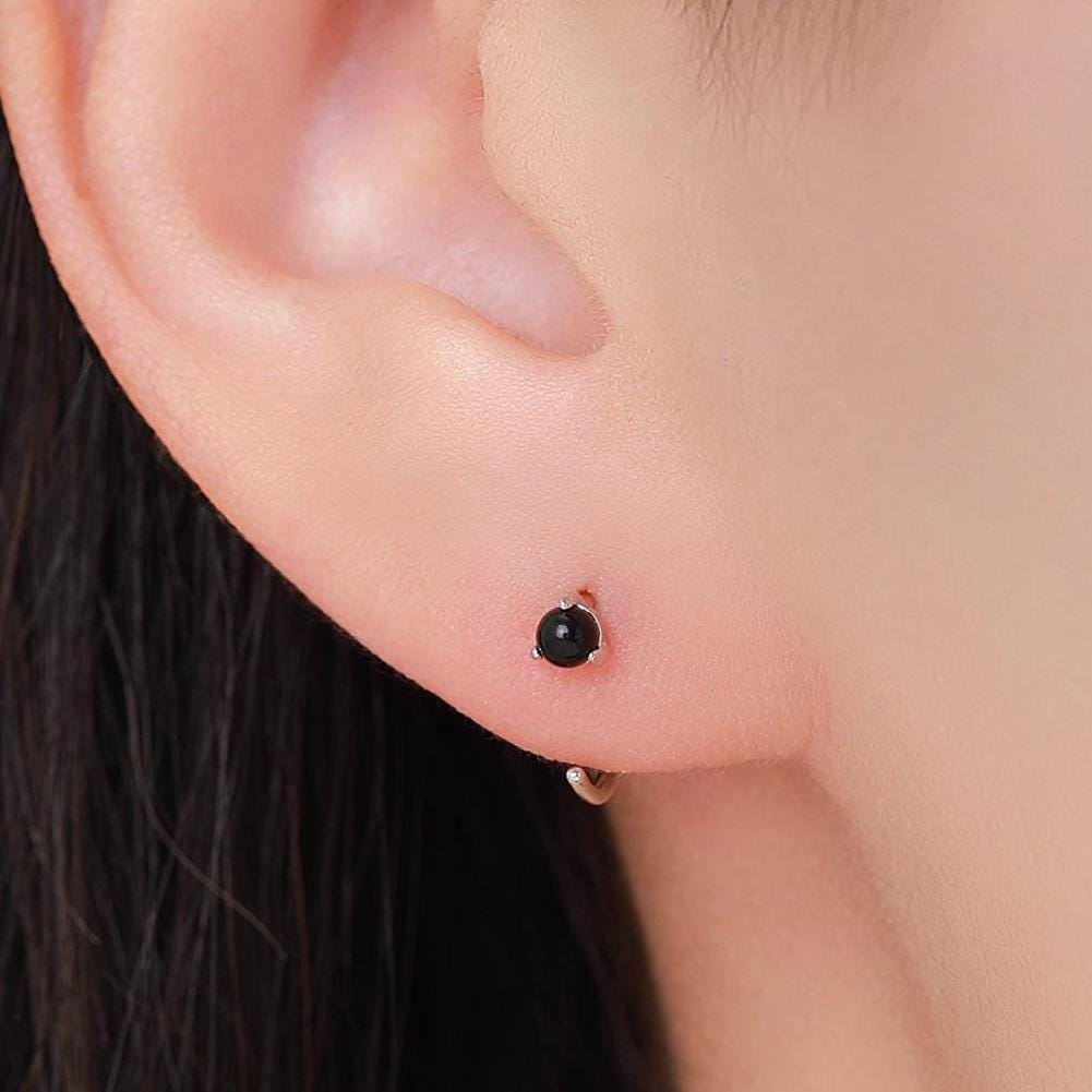 Genuine Black Onyx Huggie Hoop Earrings in Sterling Silver, 3mm Natural Black Onyx Open Hoops, Pull Through Threaders, Half Hoops, C Shape