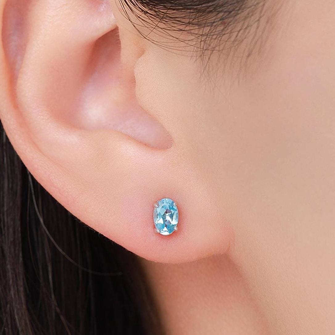 Genuine Topaz Crystal Stud Earrings in Sterling Silver, Natural Topaz Oval Crystal Earrings, March Birthstone