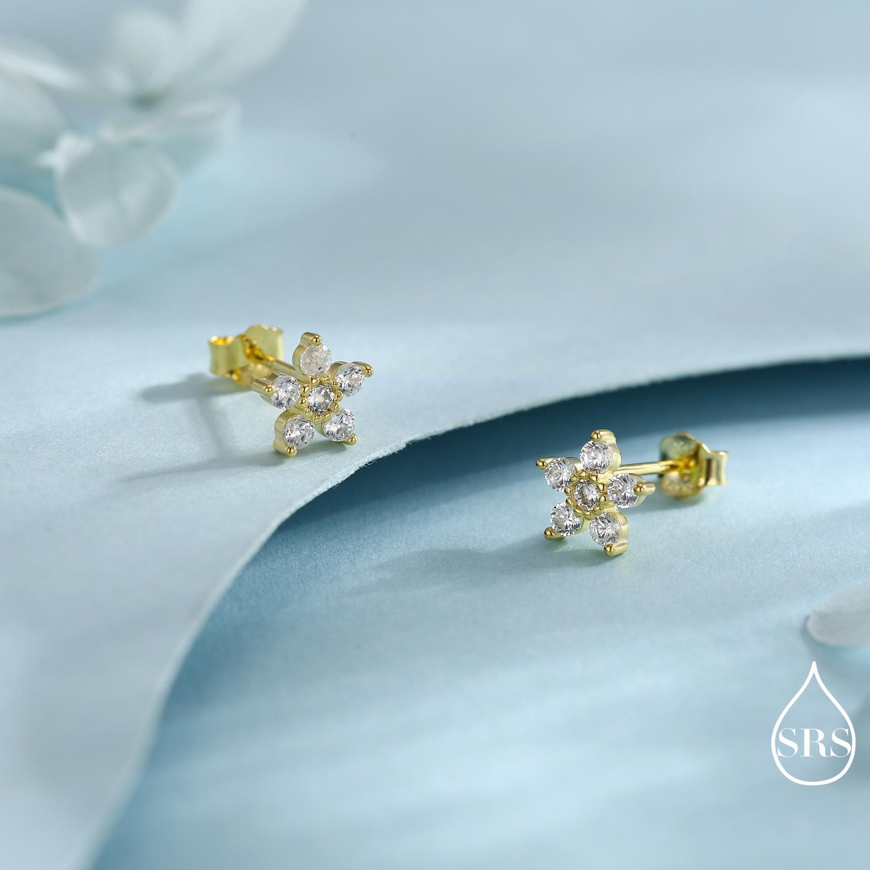 Very Sparkly Forget-me-not Flower Dainty Stud Earrings in Sterling Silver with CZ Crystals, Nature Inspired Design, Delicate and Pretty