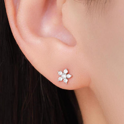 Very Sparkly Forget-me-not Flower Dainty Stud Earrings in Sterling Silver with CZ Crystals, Nature Inspired Design, Delicate and Pretty