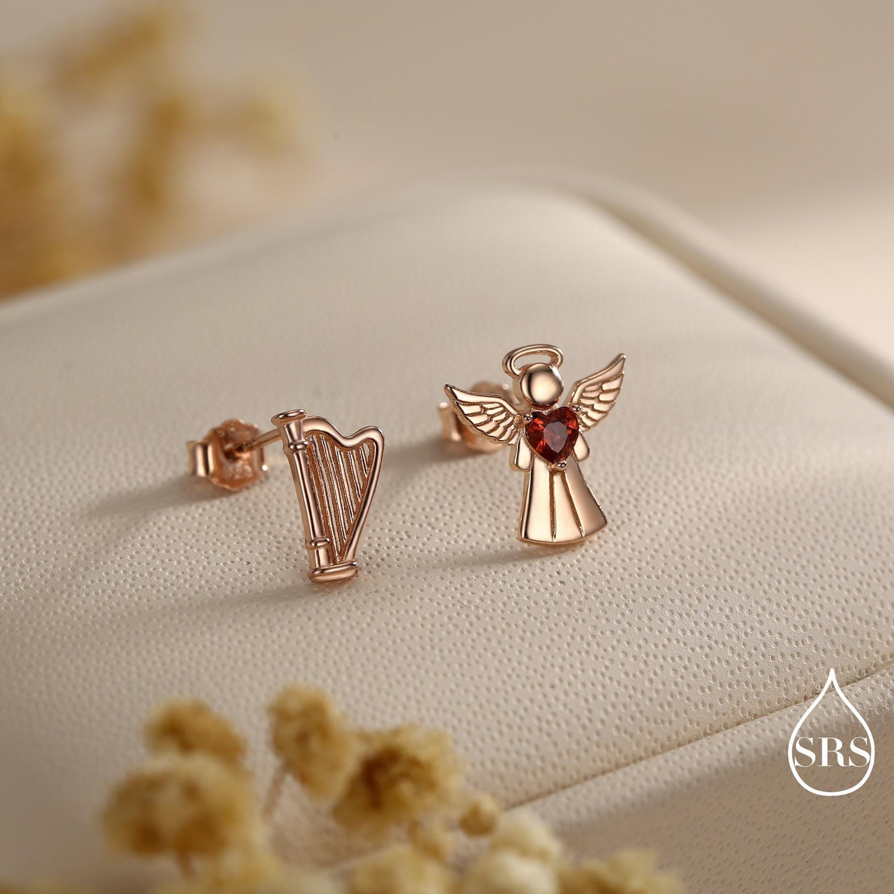 Mismatched Angel and Harp Stud Earrings in Sterling Silver, Available in 3 Finishes - Silver, Gold and Rose Gold, Silver Angel Earrings