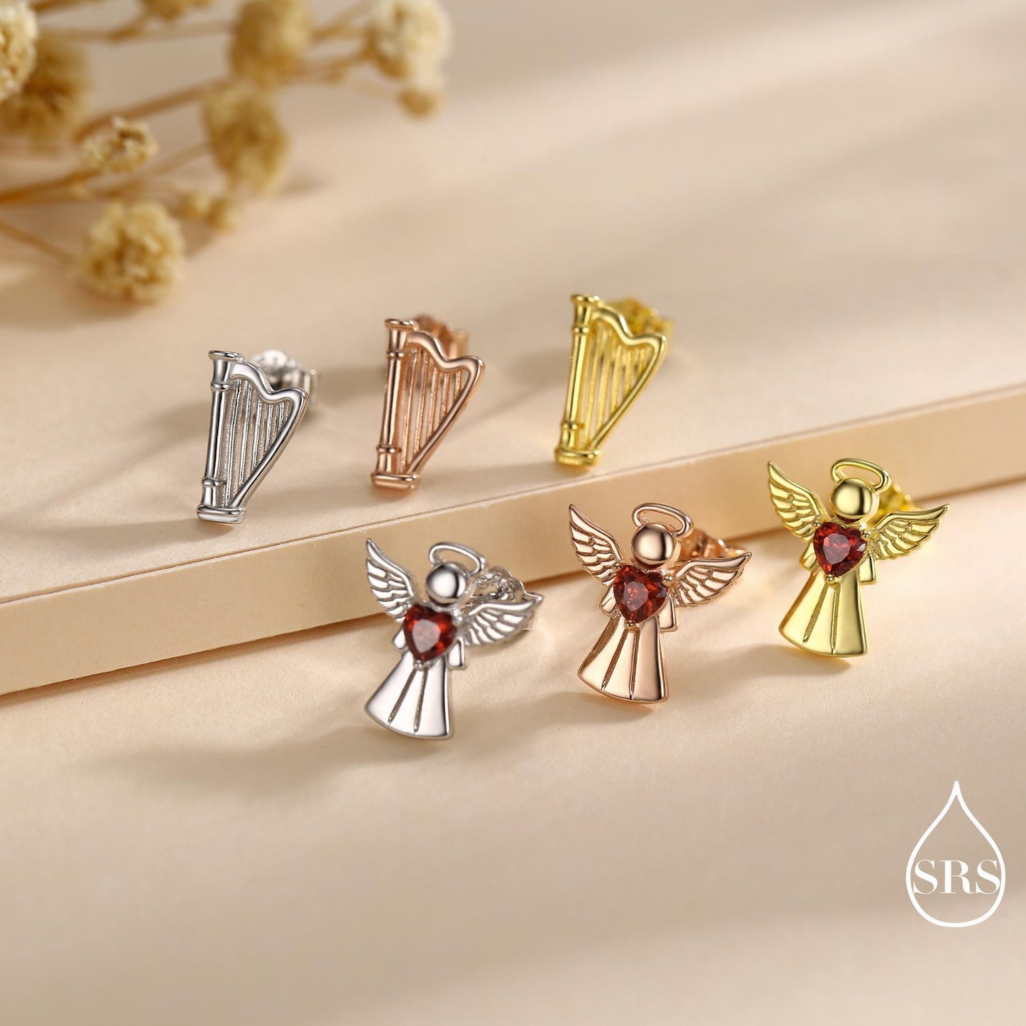 Mismatched Angel and Harp Stud Earrings in Sterling Silver, Available in 3 Finishes - Silver, Gold and Rose Gold, Silver Angel Earrings