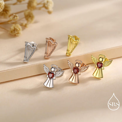 Mismatched Angel and Harp Stud Earrings in Sterling Silver, Available in 3 Finishes - Silver, Gold and Rose Gold, Silver Angel Earrings
