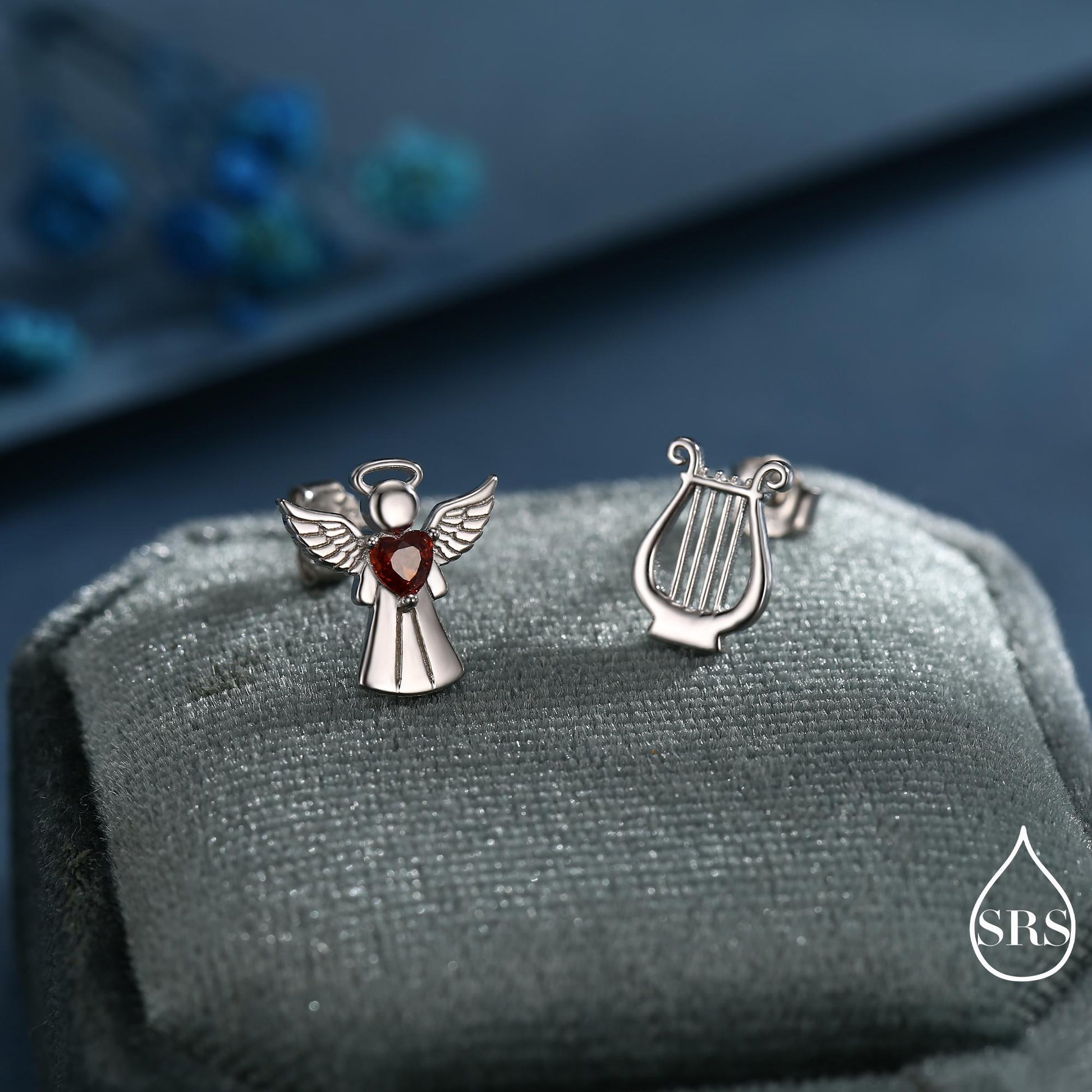 Mismatched Angel and Lyre Stud Earrings in Sterling Silver, Available in 3 Finishes - Silver, Gold and Rose Gold, Silver Angel Earrings