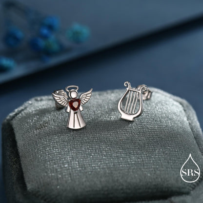 Mismatched Angel and Lyre Stud Earrings in Sterling Silver, Available in 3 Finishes - Silver, Gold and Rose Gold, Silver Angel Earrings