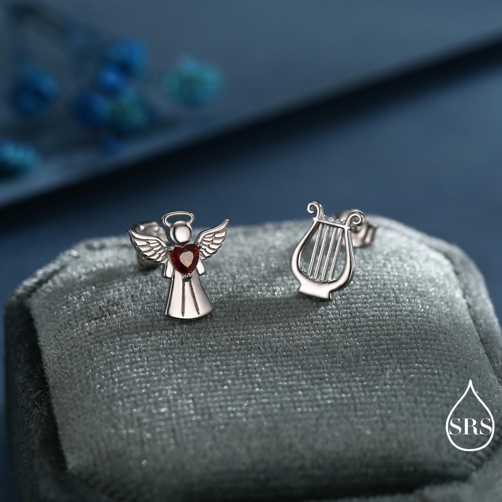Mismatched Angel and Lyre Stud Earrings in Sterling Silver, Available in 3 Finishes - Silver, Gold and Rose Gold, Silver Angel Earrings