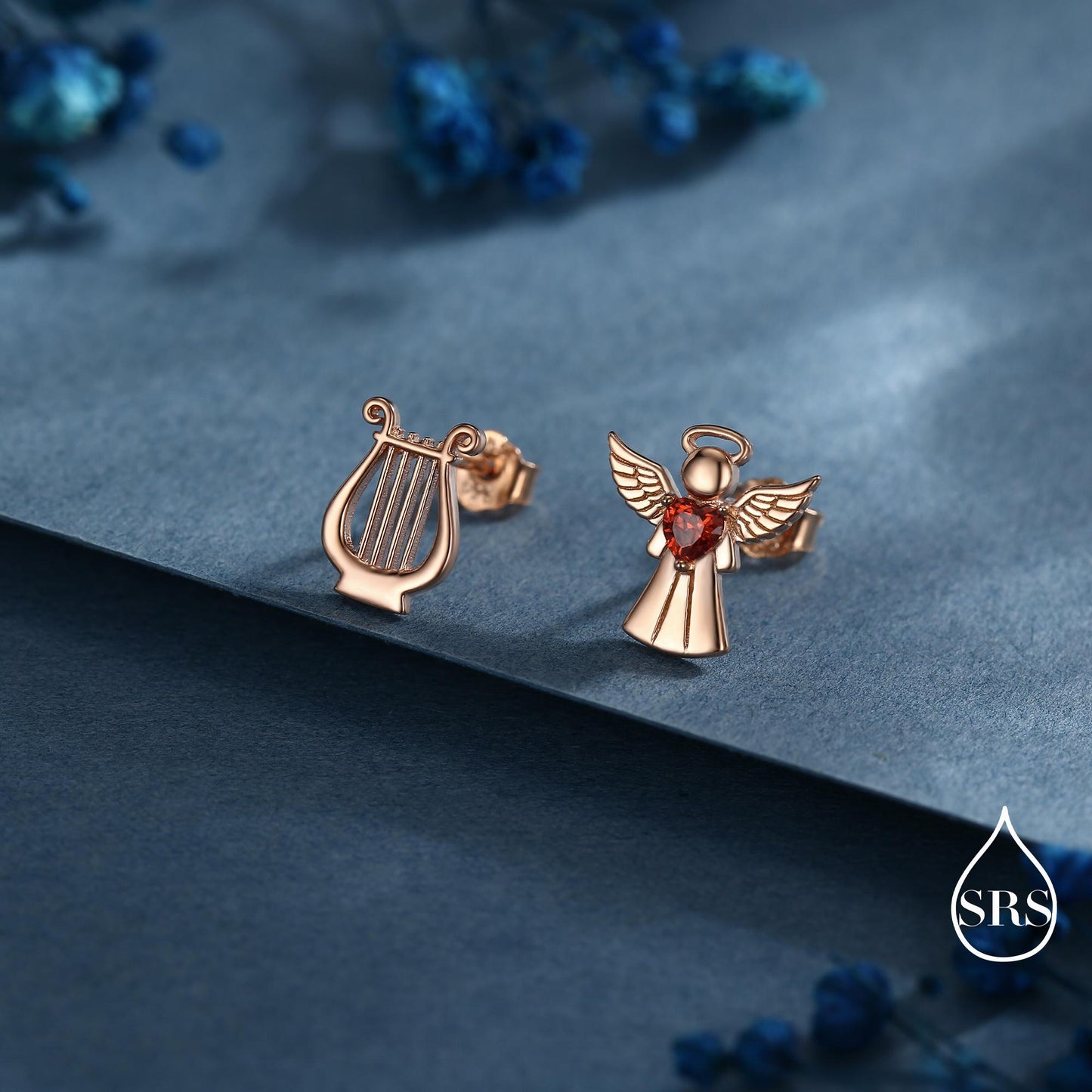 Mismatched Angel and Lyre Stud Earrings in Sterling Silver, Available in 3 Finishes - Silver, Gold and Rose Gold, Silver Angel Earrings