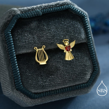 Mismatched Angel and Lyre Stud Earrings in Sterling Silver, Available in 3 Finishes - Silver, Gold and Rose Gold, Silver Angel Earrings
