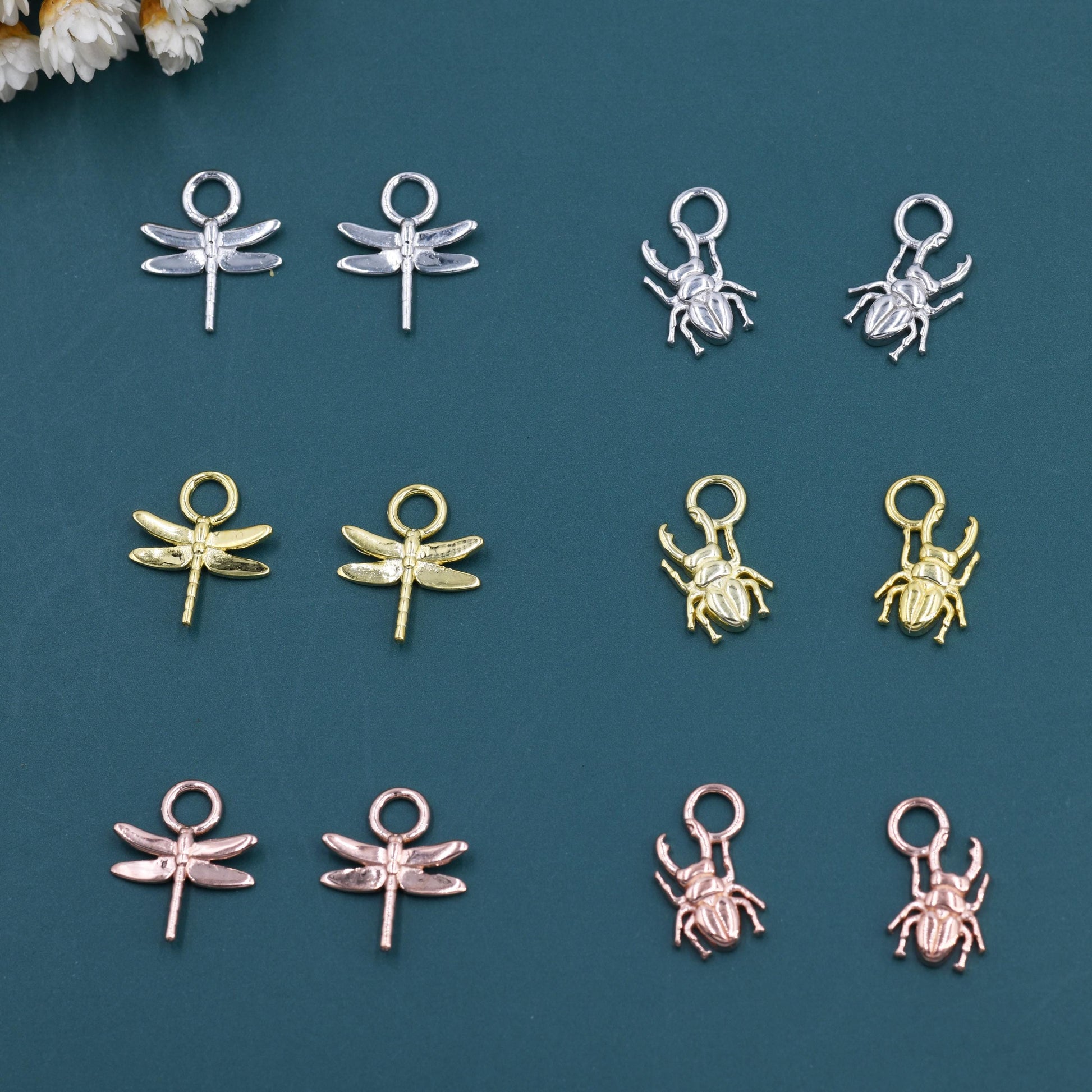 Dragonfly and Stag Beetle Charms for Huggie Hoops in Sterling Silver, Sold as a Pair, Insect Charms for Hoops