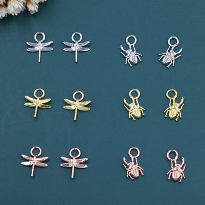 Dragonfly and Stag Beetle Charms for Huggie Hoops in Sterling Silver, Sold as a Pair, Insect Charms for Hoops