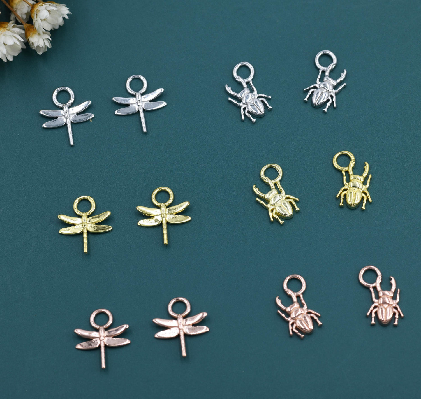 Dragonfly and Stag Beetle Charms for Huggie Hoops in Sterling Silver, Sold as a Pair, Insect Charms for Hoops