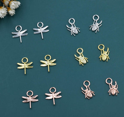 Dragonfly and Stag Beetle Charms for Huggie Hoops in Sterling Silver, Sold as a Pair, Insect Charms for Hoops