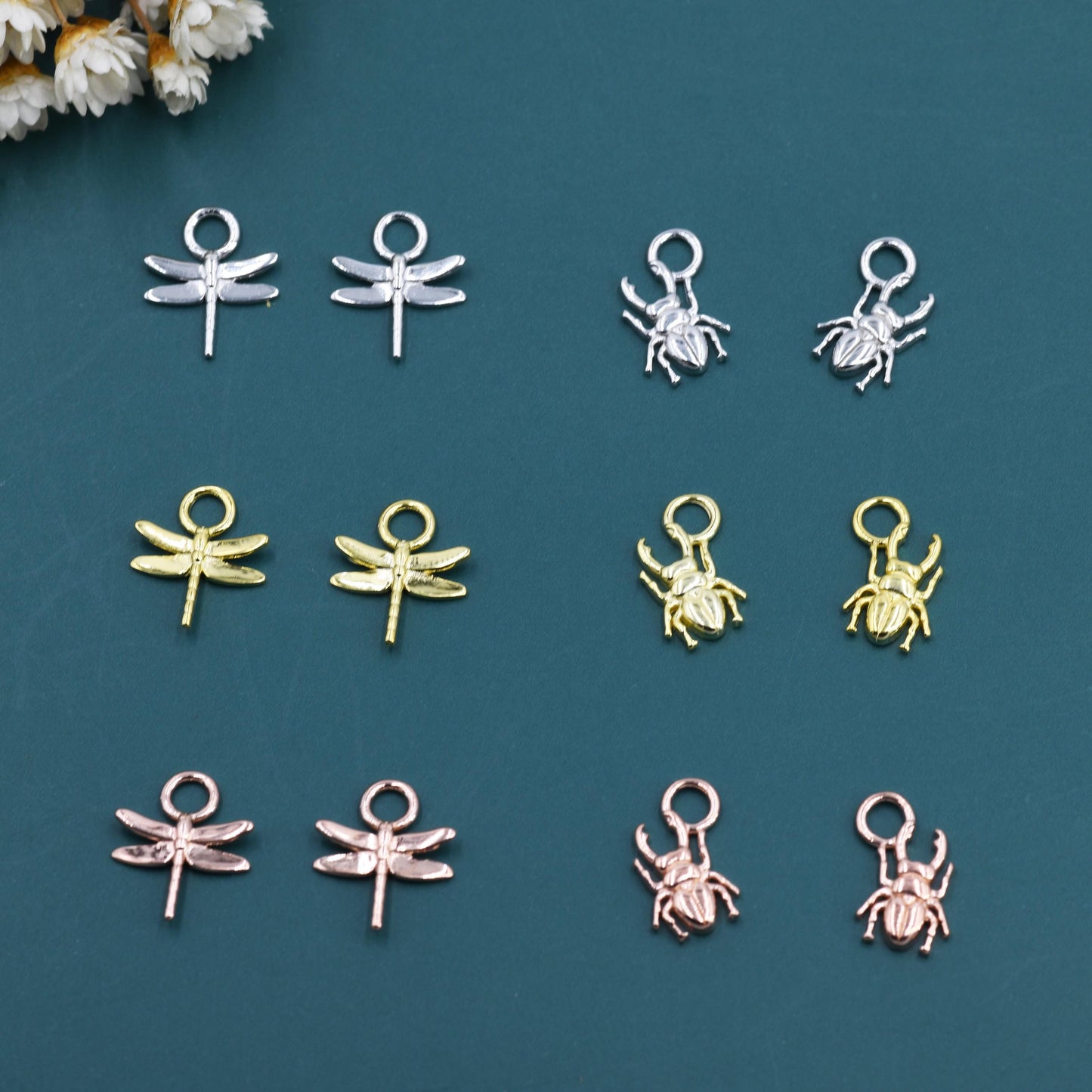 Dragonfly and Stag Beetle Charms for Huggie Hoops in Sterling Silver, Sold as a Pair, Insect Charms for Hoops