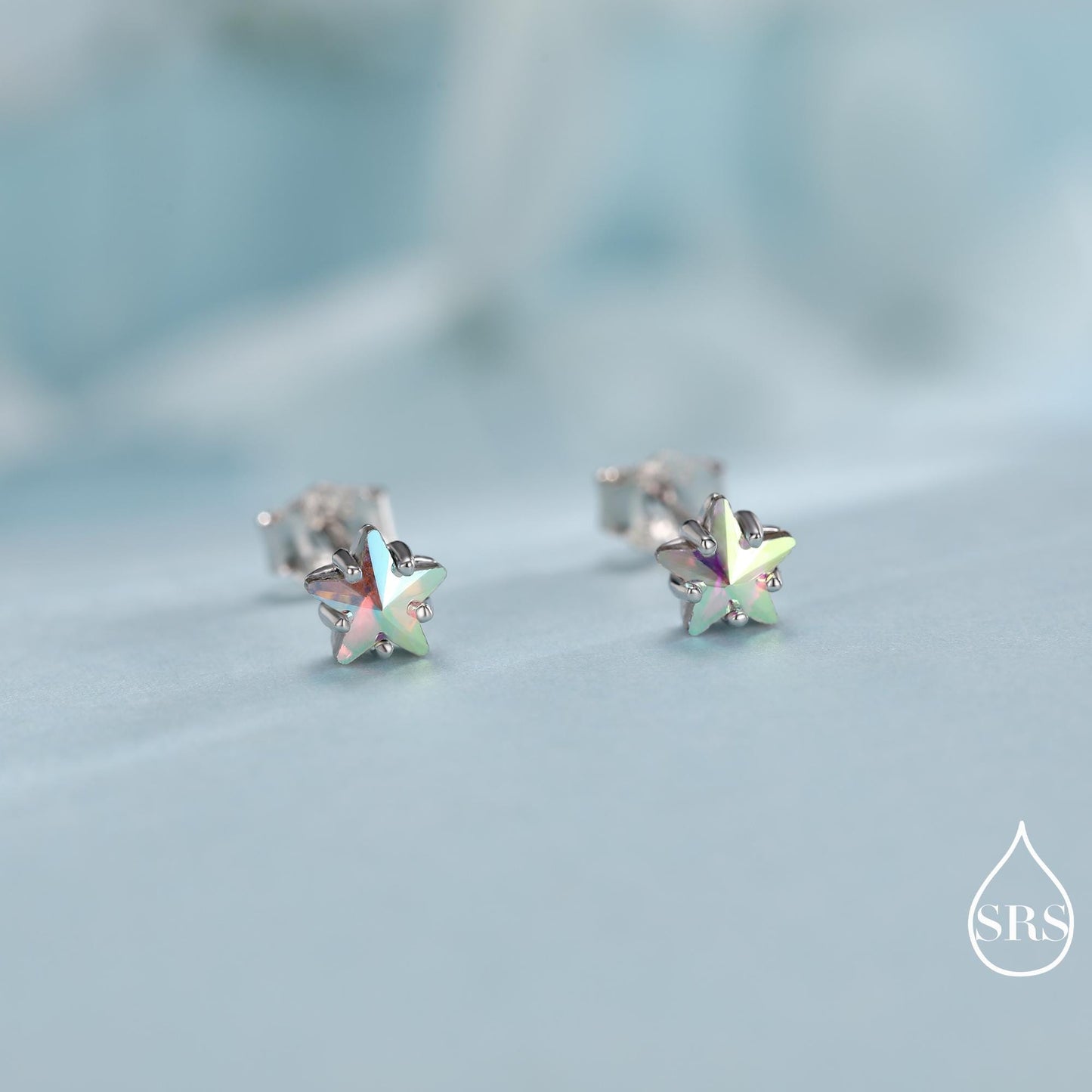 Aurora AB Crystal CZ Star Stud Earrings in Sterling Silver, 5mm Colour Changing Crystals, Star Earrings, Crystal Star Stud
