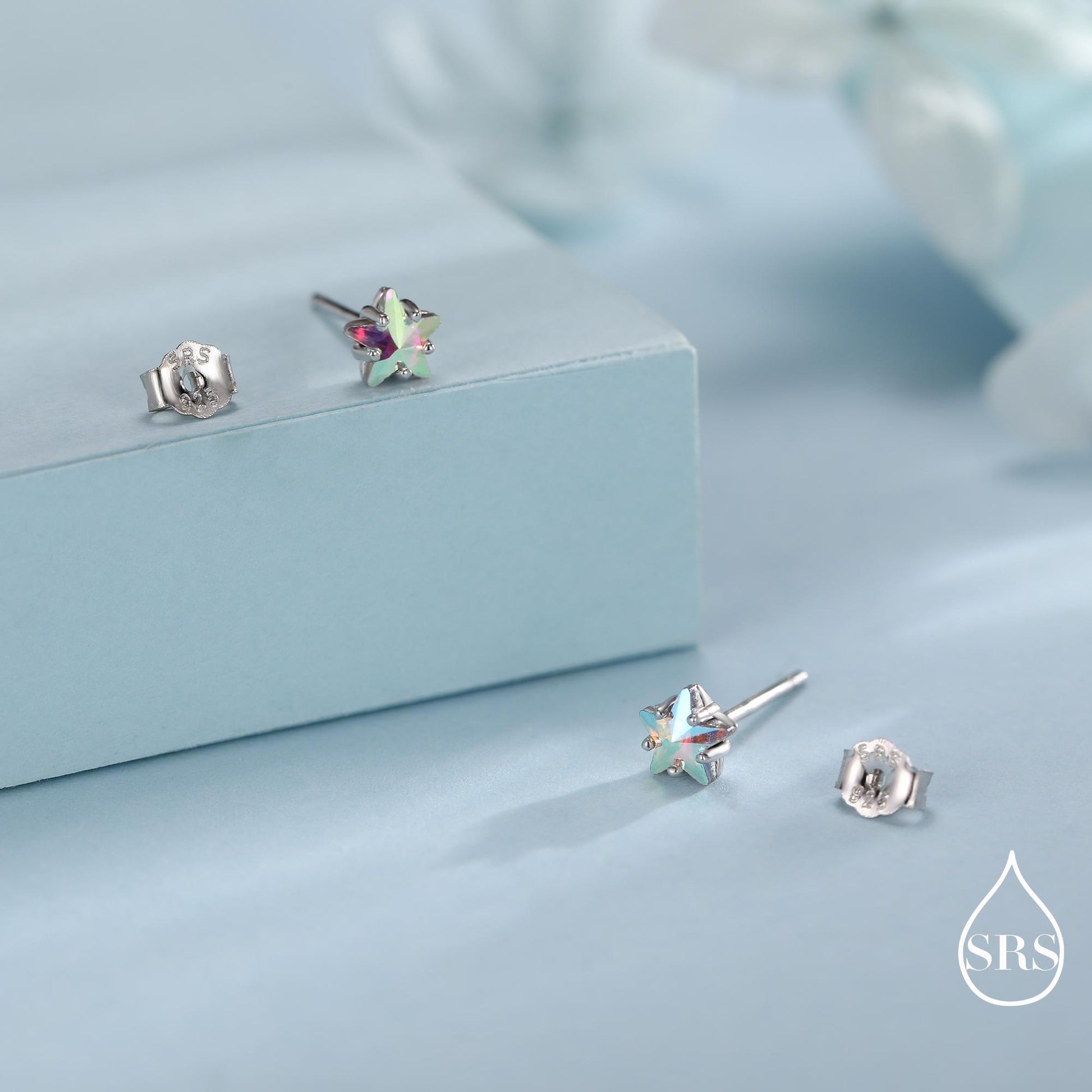 Aurora AB Crystal CZ Star Stud Earrings in Sterling Silver, 5mm Colour Changing Crystals, Star Earrings, Crystal Star Stud