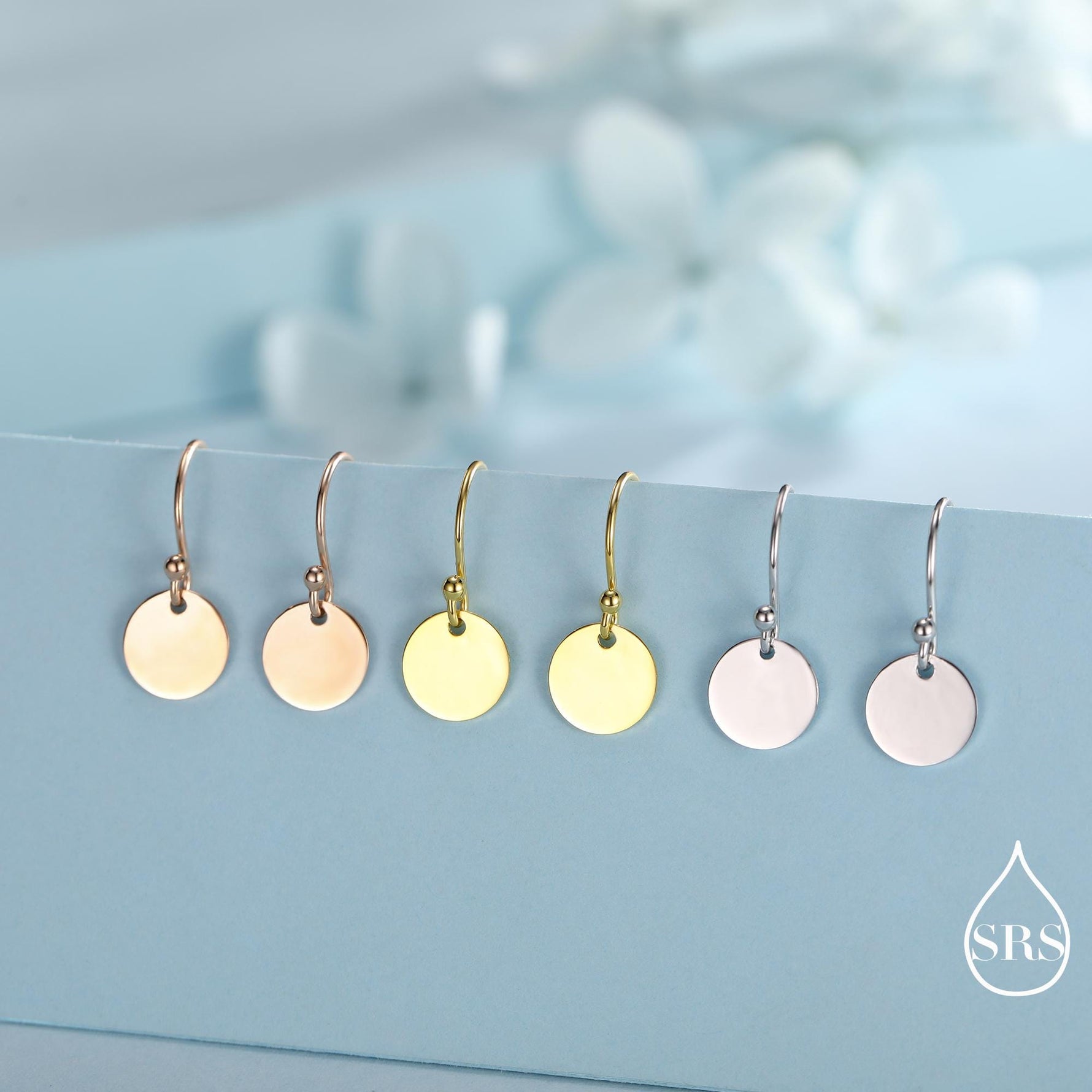Sterling Silver Disks Drop Hook Earrings, Round Disk Geometric Earrings, Gold or Silver or Rose Gold, Dainty and Delicate