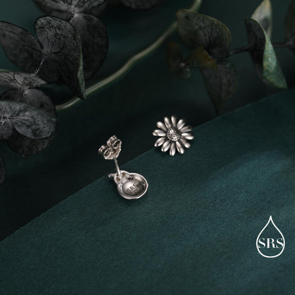 Mismatched Ladybird and Daisy Flower Stud Earrings in Sterling Silver, Asymmetric Silver ladybird Earrings, Nature Inspired Earrings