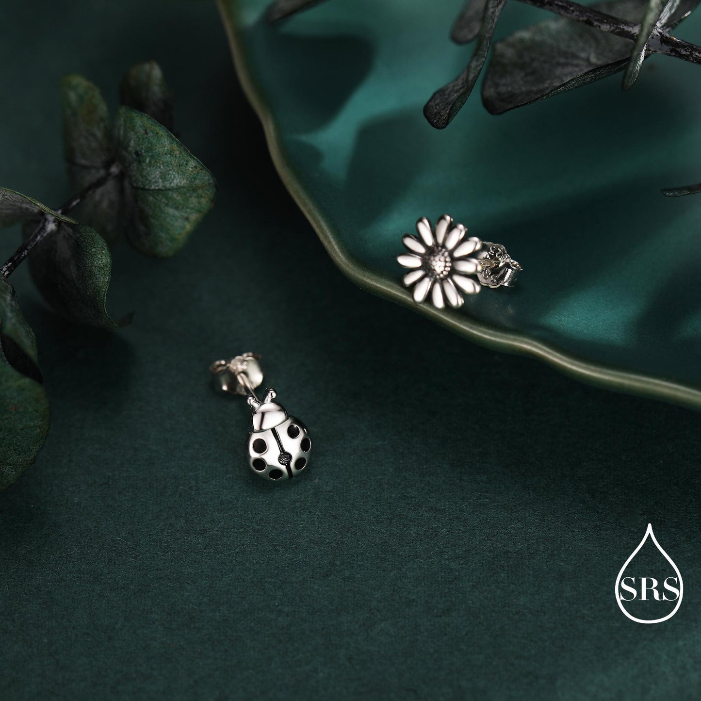 Mismatched Ladybird and Daisy Flower Stud Earrings in Sterling Silver, Asymmetric Silver ladybird Earrings, Nature Inspired Earrings