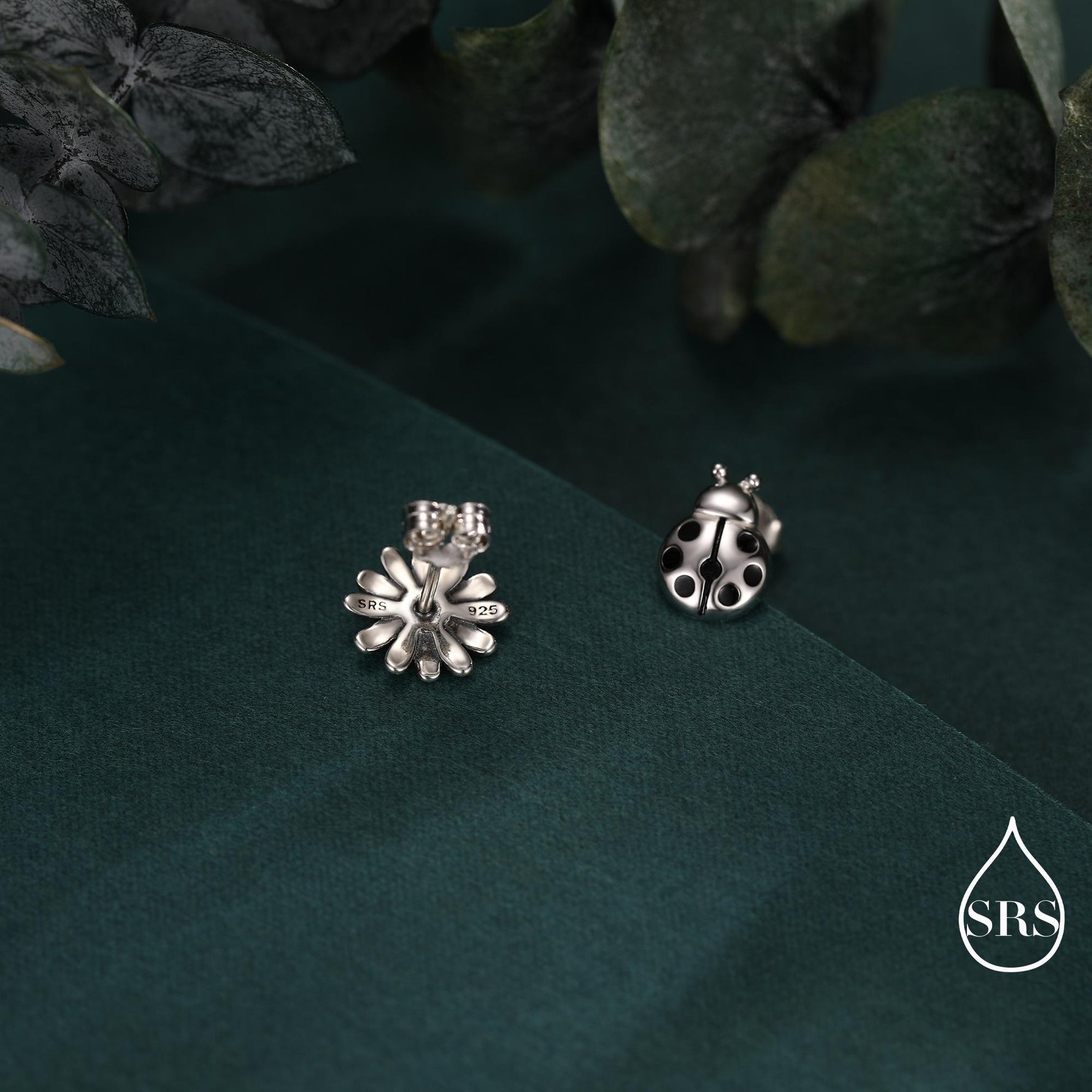 Mismatched Ladybird and Daisy Flower Stud Earrings in Sterling Silver, Asymmetric Silver ladybird Earrings, Nature Inspired Earrings