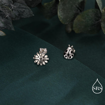 Mismatched Ladybird and Daisy Flower Stud Earrings in Sterling Silver, Asymmetric Silver ladybird Earrings, Nature Inspired Earrings