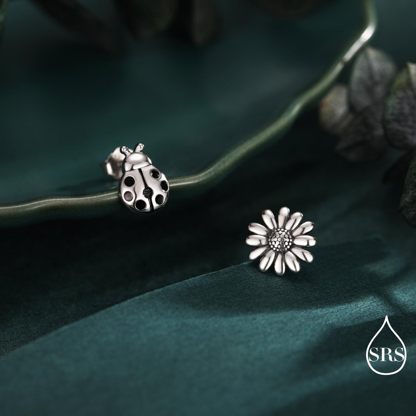 Mismatched Ladybird and Daisy Flower Stud Earrings in Sterling Silver, Asymmetric Silver ladybird Earrings, Nature Inspired Earrings