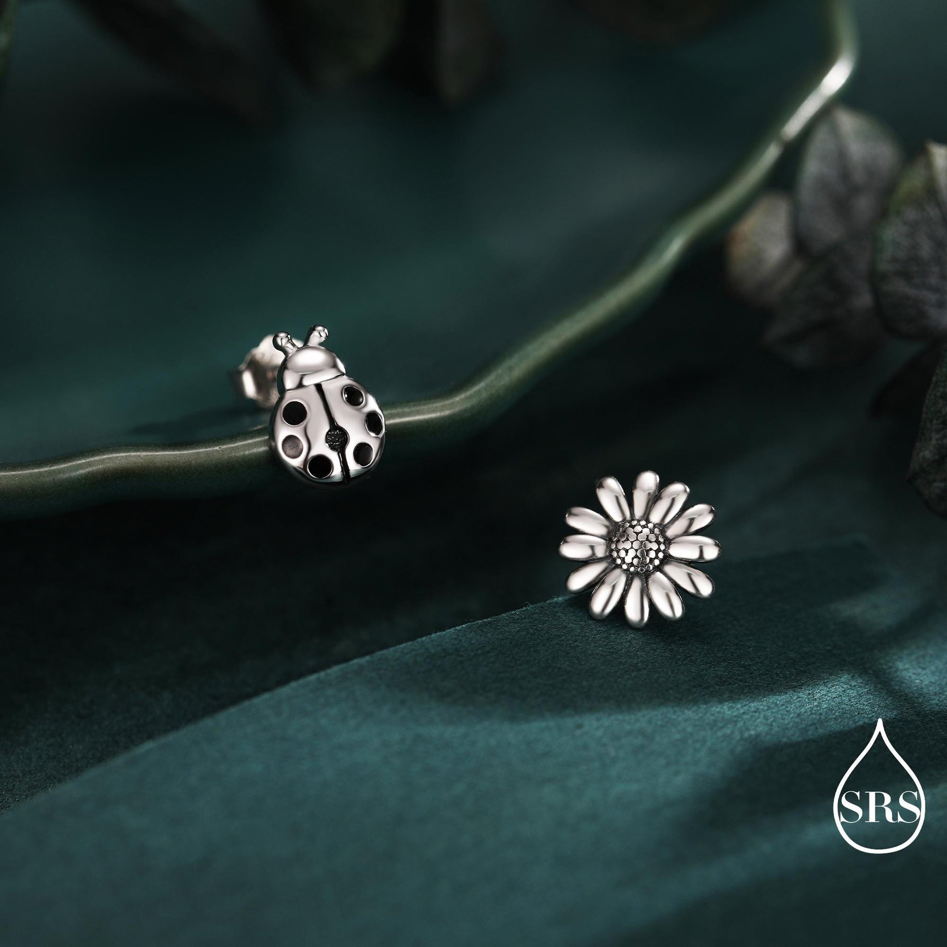 Mismatched Ladybird and Daisy Flower Stud Earrings in Sterling Silver, Asymmetric Silver ladybird Earrings, Nature Inspired Earrings