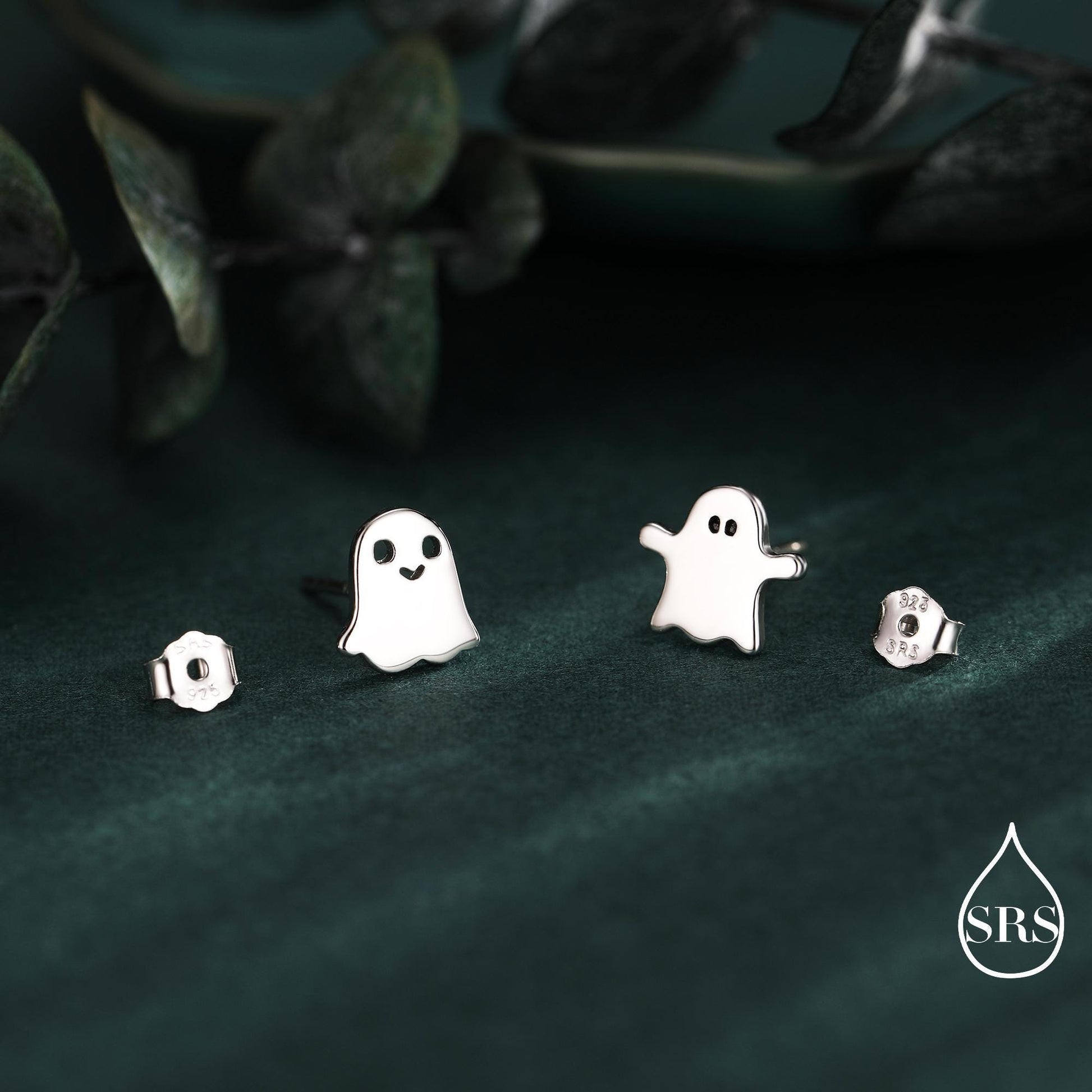 Mismatched Ghost Stud Earrings in Sterling Silver, Tiny Ghost Earrings, Cute Halloween Jewellery