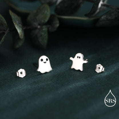 Mismatched Ghost Stud Earrings in Sterling Silver, Tiny Ghost Earrings, Cute Halloween Jewellery