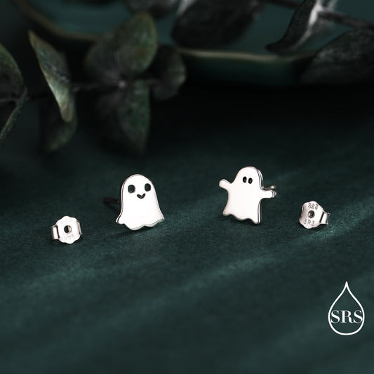 Mismatched Ghost Stud Earrings in Sterling Silver, Tiny Ghost Earrings, Cute Halloween Jewellery