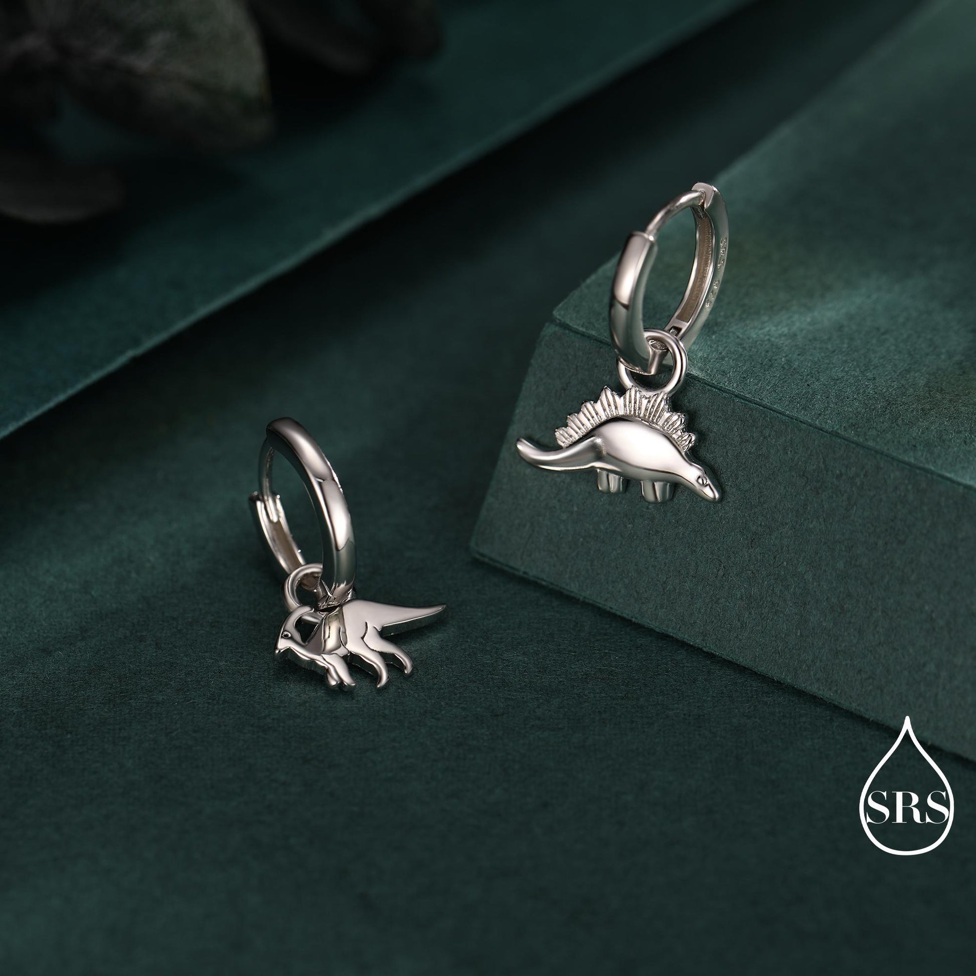 Sterling Silver Mismatched Parasaurolophus and Stegosaurus Hoop Earrings – Dinosaur Jewellery for Prehistoric Lovers, Detachable Hoops