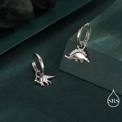 Sterling Silver Mismatched Parasaurolophus and Stegosaurus Hoop Earrings – Dinosaur Jewellery for Prehistoric Lovers, Detachable Hoops