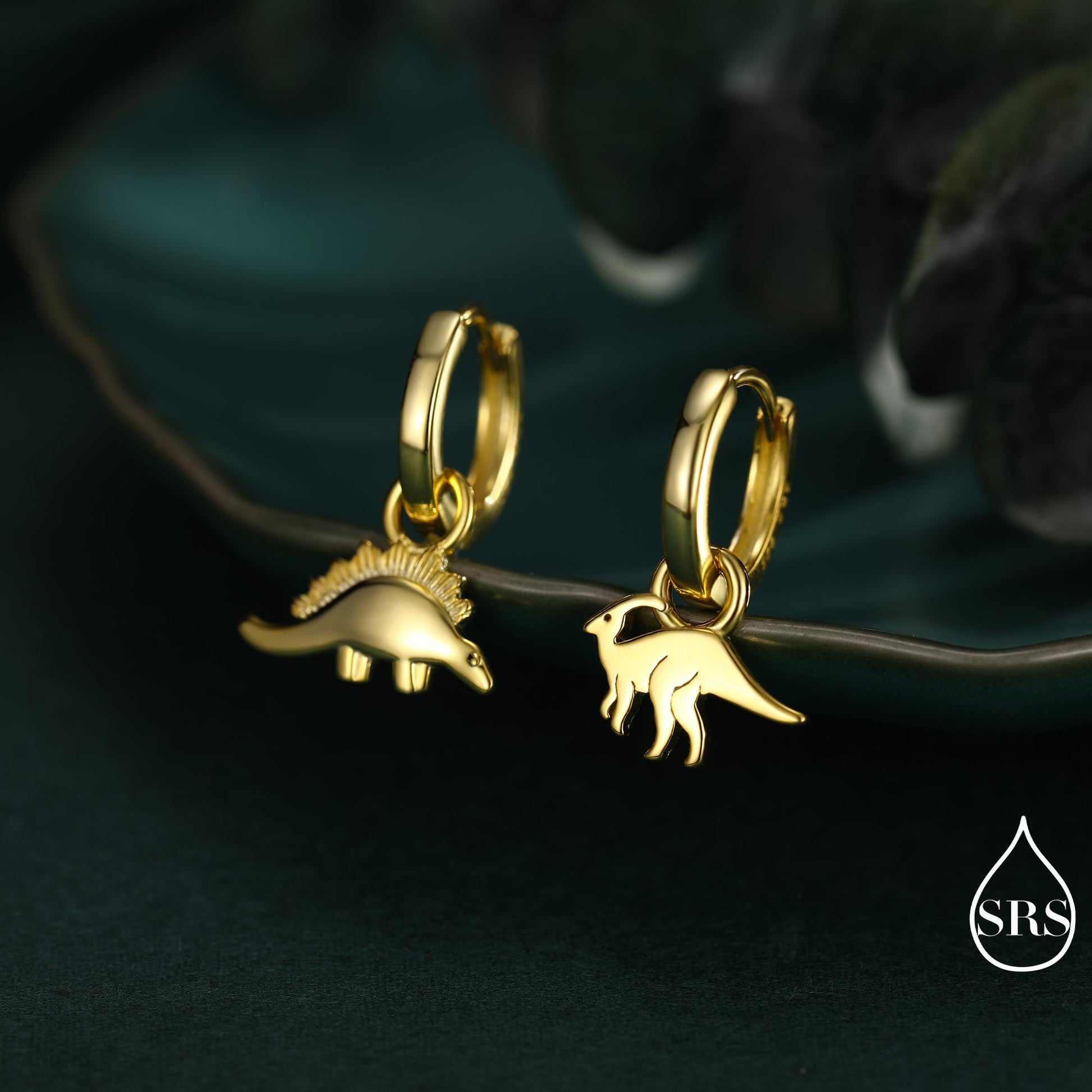 Sterling Silver Mismatched Parasaurolophus and Stegosaurus Hoop Earrings – Dinosaur Jewellery for Prehistoric Lovers, Detachable Hoops