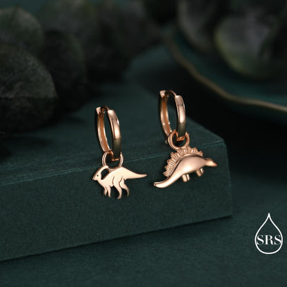 Sterling Silver Mismatched Parasaurolophus and Stegosaurus Hoop Earrings – Dinosaur Jewellery for Prehistoric Lovers, Detachable Hoops