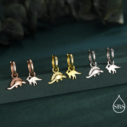 Sterling Silver Mismatched Parasaurolophus and Stegosaurus Hoop Earrings – Dinosaur Jewellery for Prehistoric Lovers, Detachable Hoops