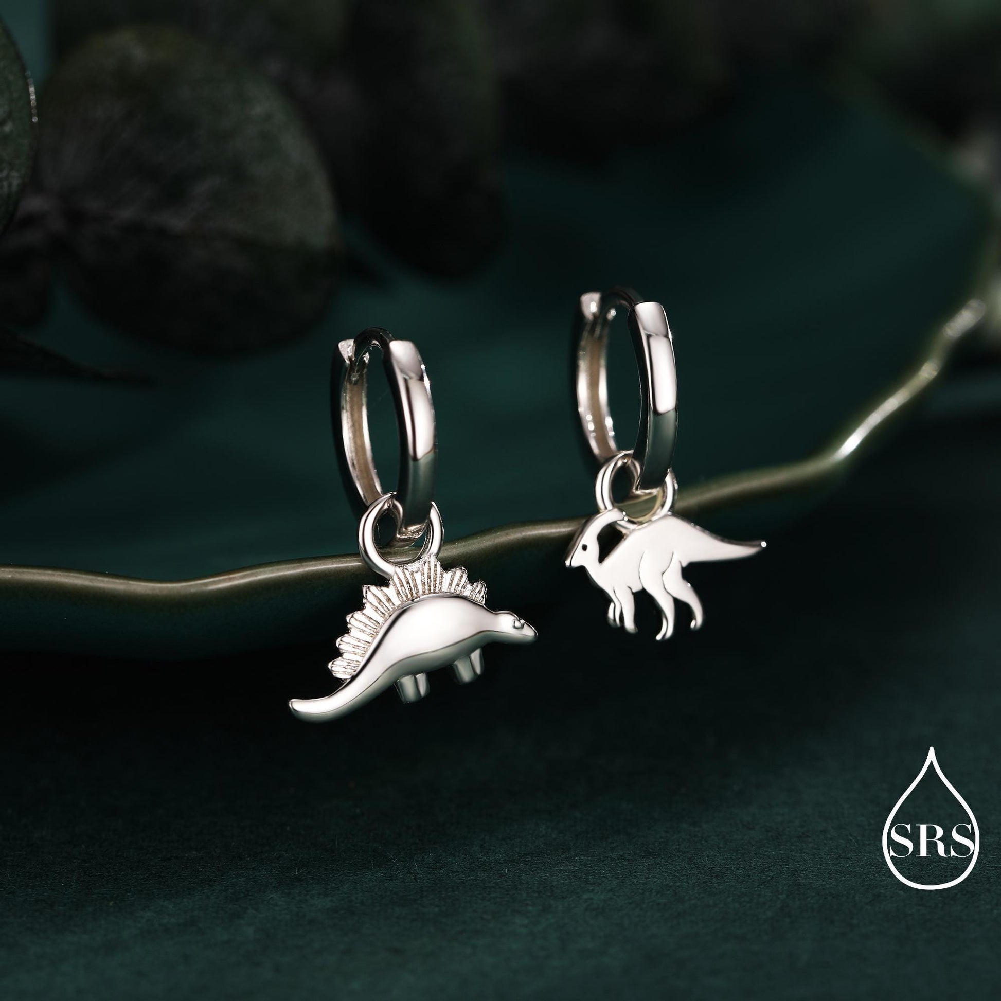 Sterling Silver Mismatched Parasaurolophus and Stegosaurus Hoop Earrings – Dinosaur Jewellery for Prehistoric Lovers, Detachable Hoops