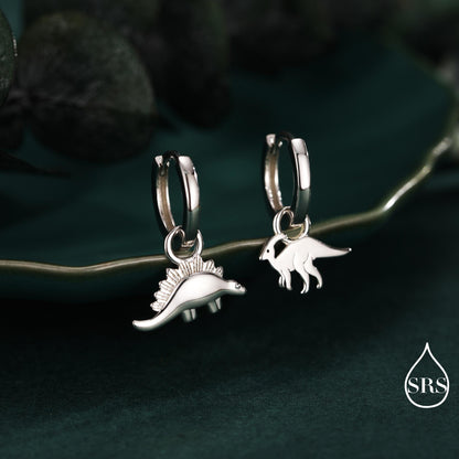 Sterling Silver Mismatched Parasaurolophus and Stegosaurus Hoop Earrings – Dinosaur Jewellery for Prehistoric Lovers, Detachable Hoops