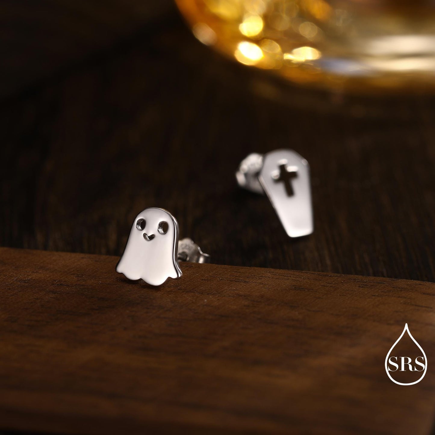 Mismatched Ghost and Coffin Stud Earrings in Sterling Silver, Asymmetric Tiny Ghost Earrings, Cute Halloween Jewellery