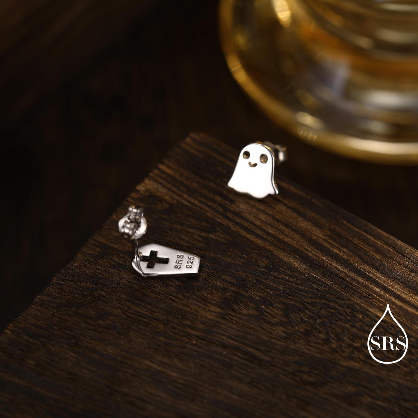 Mismatched Ghost and Coffin Stud Earrings in Sterling Silver, Asymmetric Tiny Ghost Earrings, Cute Halloween Jewellery