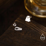 Mismatched Ghost and Coffin Stud Earrings in Sterling Silver, Asymmetric Tiny Ghost Earrings, Cute Halloween Jewellery