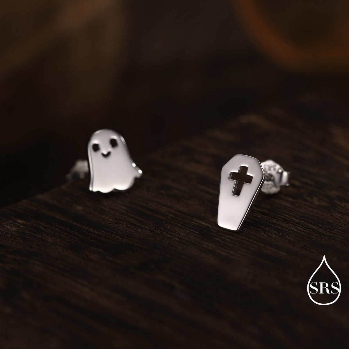 Mismatched Ghost and Coffin Stud Earrings in Sterling Silver, Asymmetric Tiny Ghost Earrings, Cute Halloween Jewellery