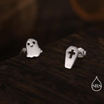 Mismatched Ghost and Coffin Stud Earrings in Sterling Silver, Asymmetric Tiny Ghost Earrings, Cute Halloween Jewellery