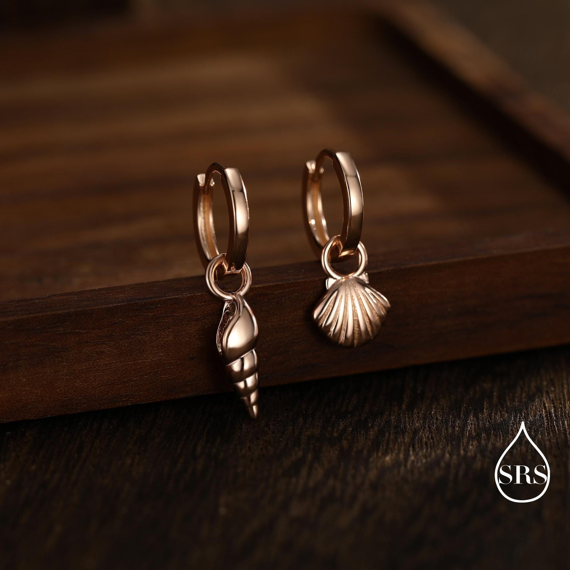 Mismatched Sea Shell Huggie Hoops Earrings in Sterling Silver, Silver or Gold or Rose Gold, Ocean Earrings, Asymmetric Sea Shell Earrings,