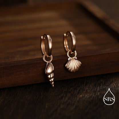 Mismatched Sea Shell Huggie Hoops Earrings in Sterling Silver, Silver or Gold or Rose Gold, Ocean Earrings, Asymmetric Sea Shell Earrings,