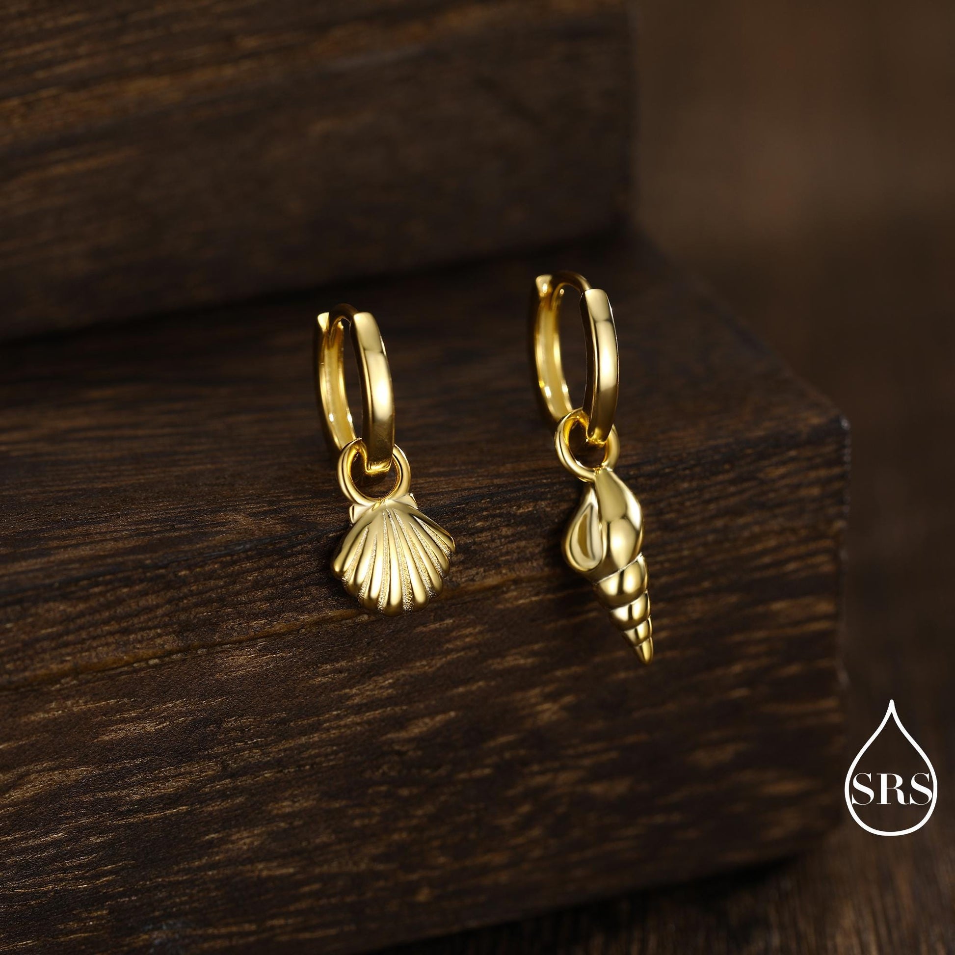 Mismatched Sea Shell Huggie Hoops Earrings in Sterling Silver, Silver or Gold or Rose Gold, Ocean Earrings, Asymmetric Sea Shell Earrings,