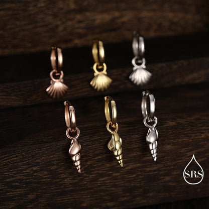 Mismatched Sea Shell Huggie Hoops Earrings in Sterling Silver, Silver or Gold or Rose Gold, Ocean Earrings, Asymmetric Sea Shell Earrings,