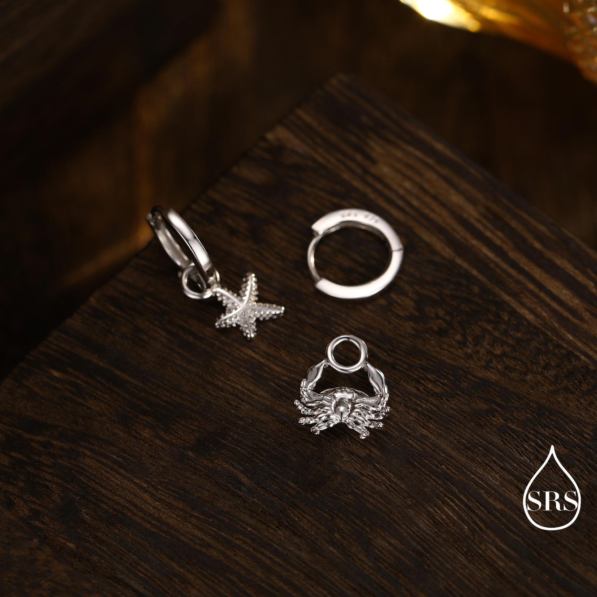 Sterling Silver Crab and Starfish Huggie Hoops, Silver, Gold or Rose Gold Finish, Detachable Cute Sea Star Hoop Earrings, Starfish Earrings